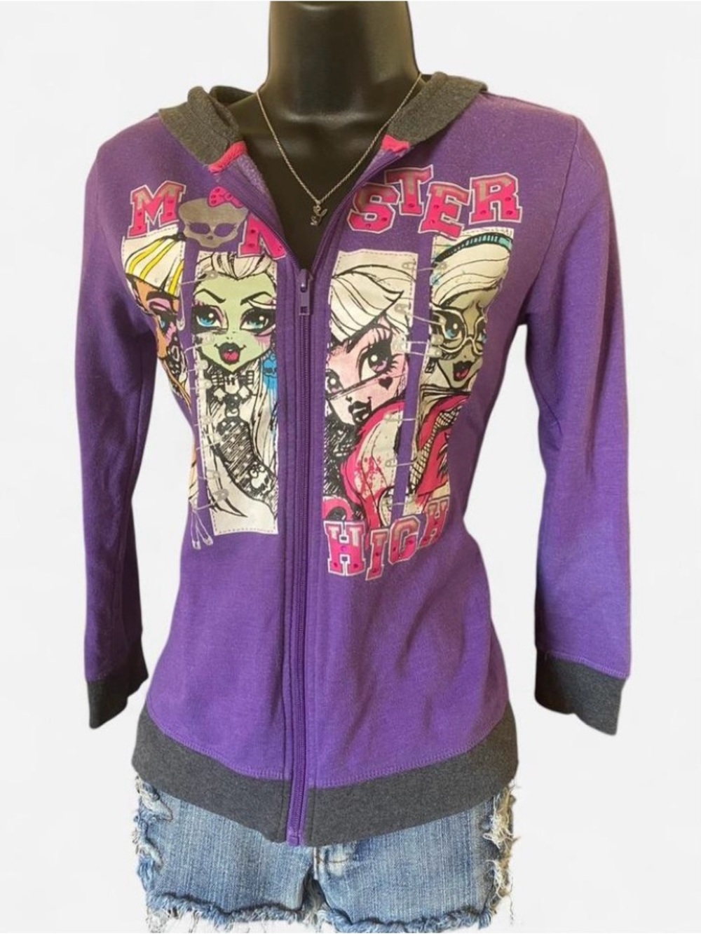 Purple & Grey Monster High Character Zip Up Hoodie with Pleated Ruffle Detailing